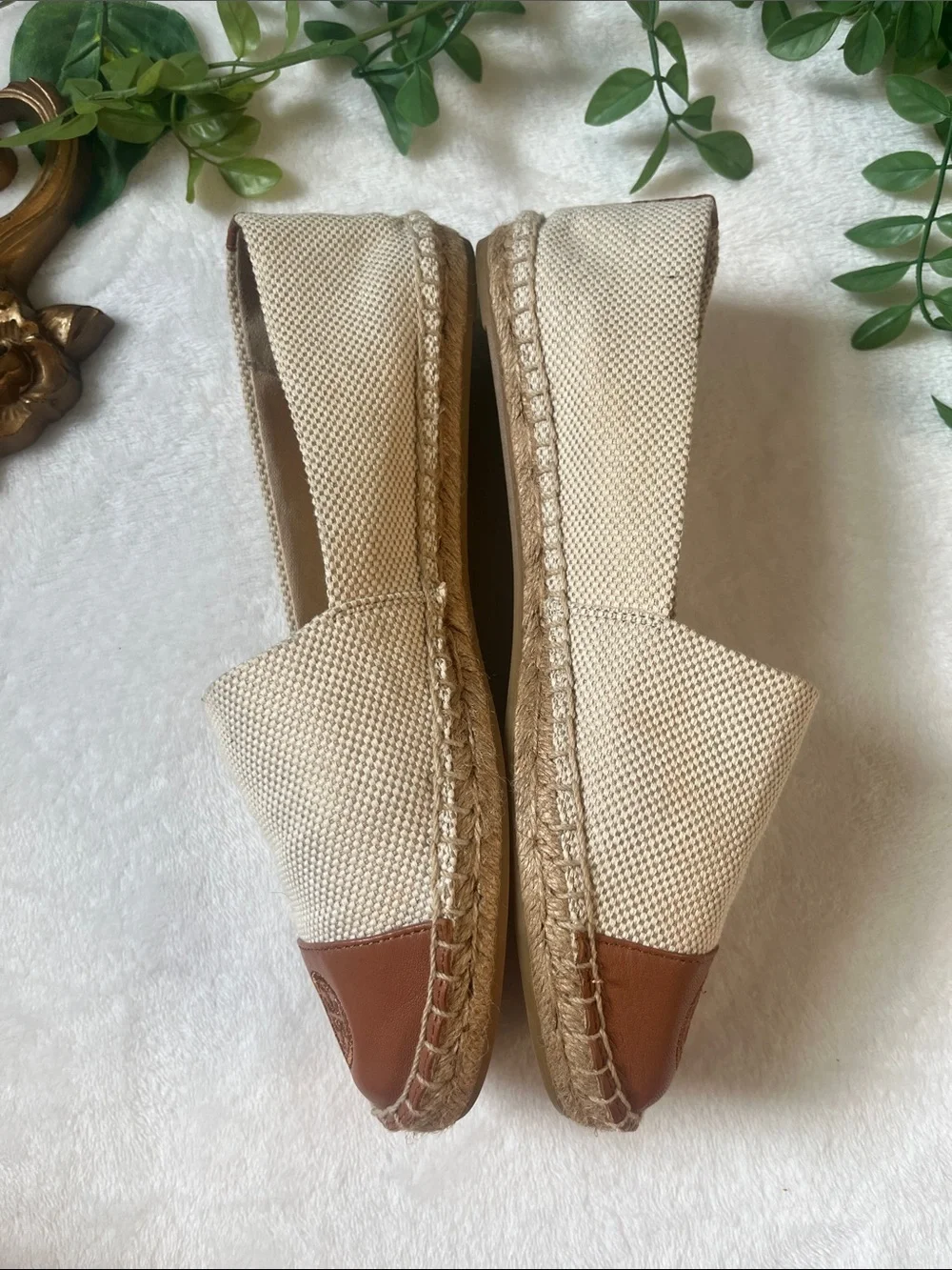 Tory Burch Cream Canvas Espadrille Flats with Brown Leather Toe Cap